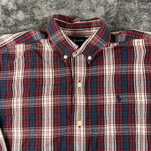 Ralph Lauren Button Up Boys L Long Sleeve Plaid Red Blue Pony Cotton - Picture 2 of 8